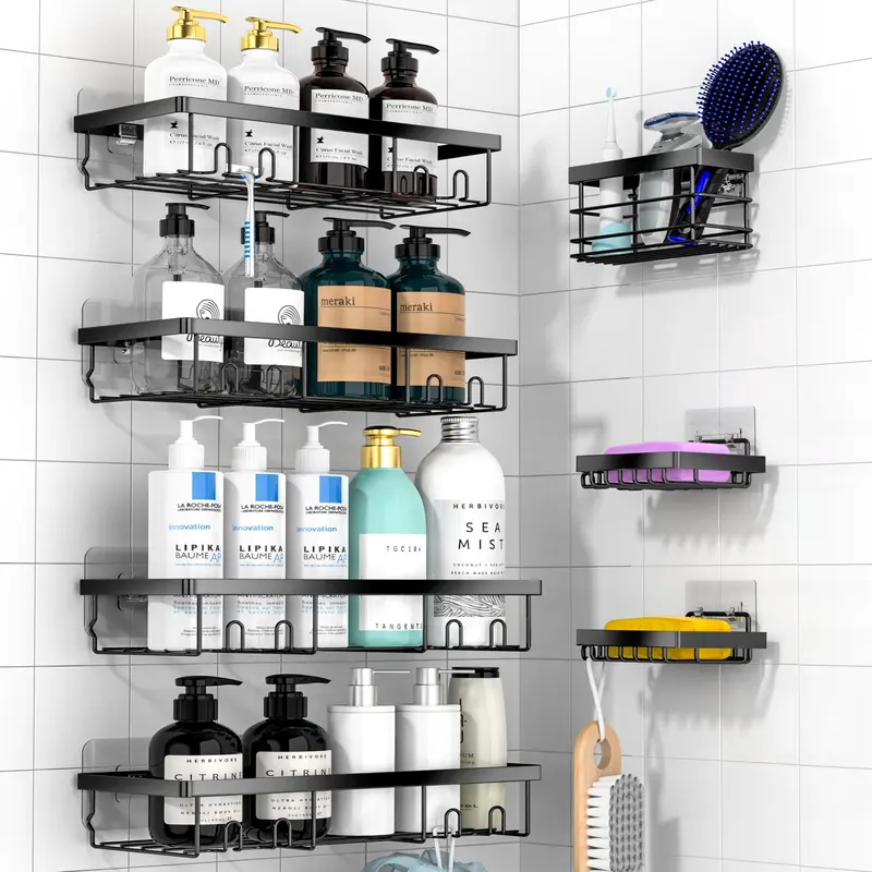 Shower Storage Rack, 7 Counts/set Metal Wall Mounted Shower Shelf, Punch-free Bathroom Storage Rack, Home Organizer for Bathroom, Kitchen, Bathroom Accessory, Bathroom Decor Supplies, Bathroom Accessories Organizer, Shower Organizers