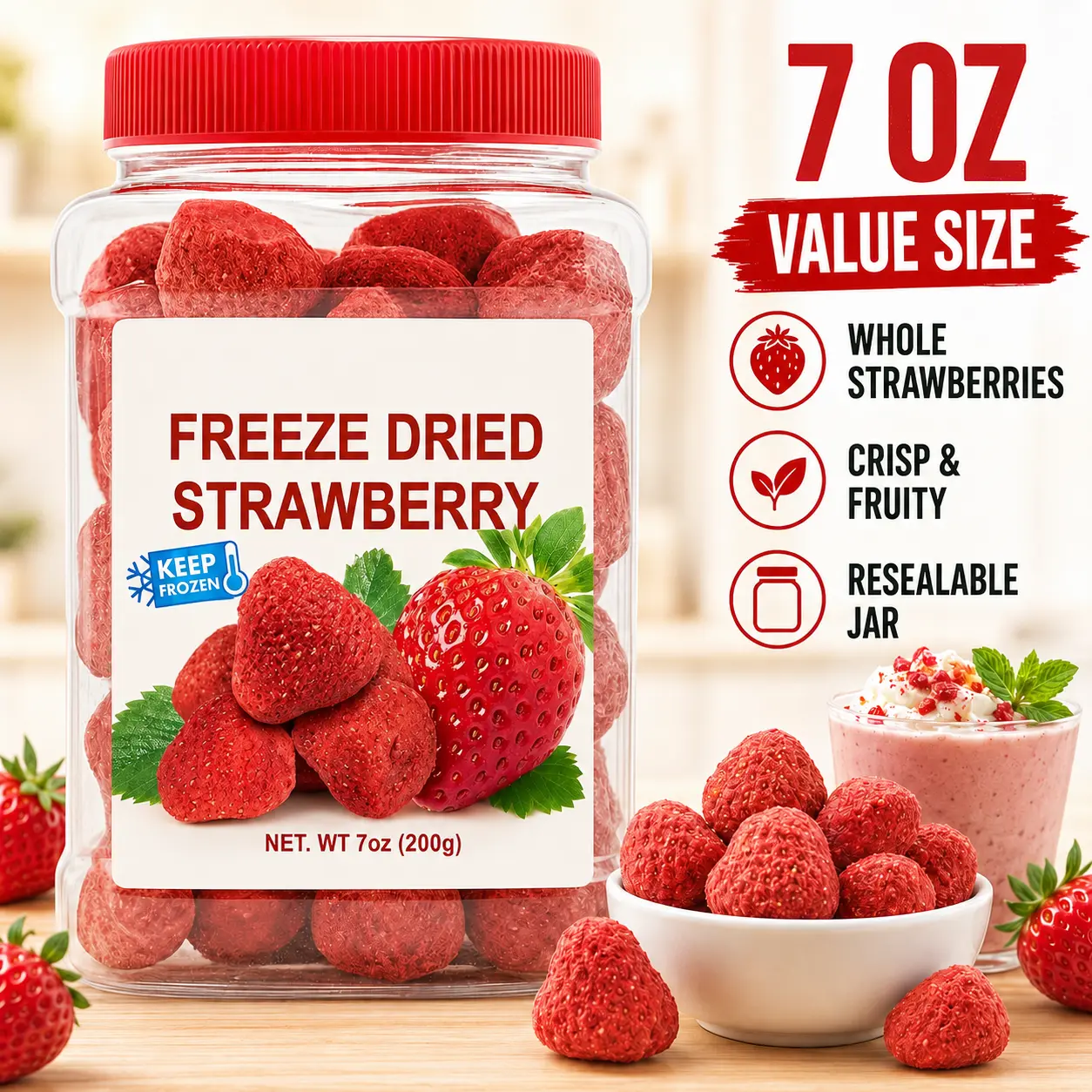 7oz Ambient Whole Freeze-Dried Strawberry Chips Jar Pack - Natural Flavor Fruit Snack, Plant-Based, Gluten-Free Whole Berries for Yogurt, Oatmeal
