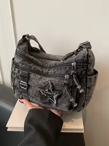 Vintage Hot Girl Style Washed Denim Star Dumpling Bag, Streetwear Full Sensation, Adjustable Shoulder Strap, Single Shoulder Crossbody, Denim Crossbody Bags