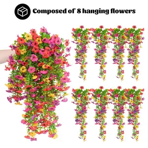 8 PCS Faux Silk Daisy with Eucalyptus Leaves, Vibrant Faux Flowers, Artificial Fake Hanging Flowers Plants for Outdoor Autumn Decoration,UV Resistant Look Real Long Trailing Vines for Outside Home Indoor Planter Porch Patio Balcony Yard Decor