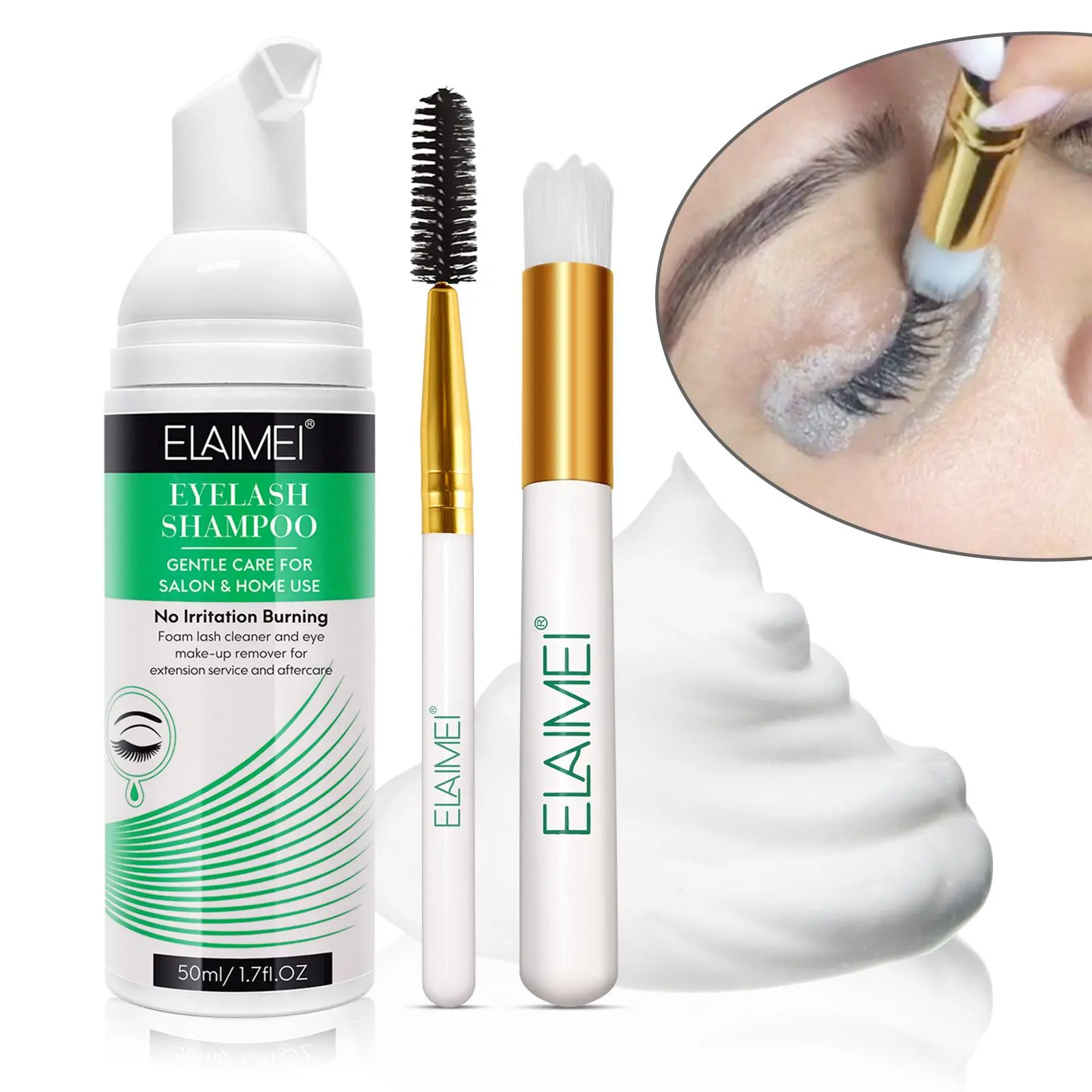 ELAIMEI Eyelash Cleanser, a gentle eyelash cleansing and lengthening eye and face foam cleanser with brush head, removes make-up residues, oils and dirt to prolong the life of your eyelashes, nourishes and protects them.