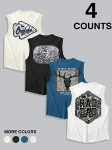 Men's 4-piece hunting pattern sleeveless T-shirt, duck and retriever breed silk screen printed hooded sweatshirt, loose cut highlights muscle lines, suitable for hunting, fishing and outdoor styles, durable retro print, a choice for outdoor enthusiasts
