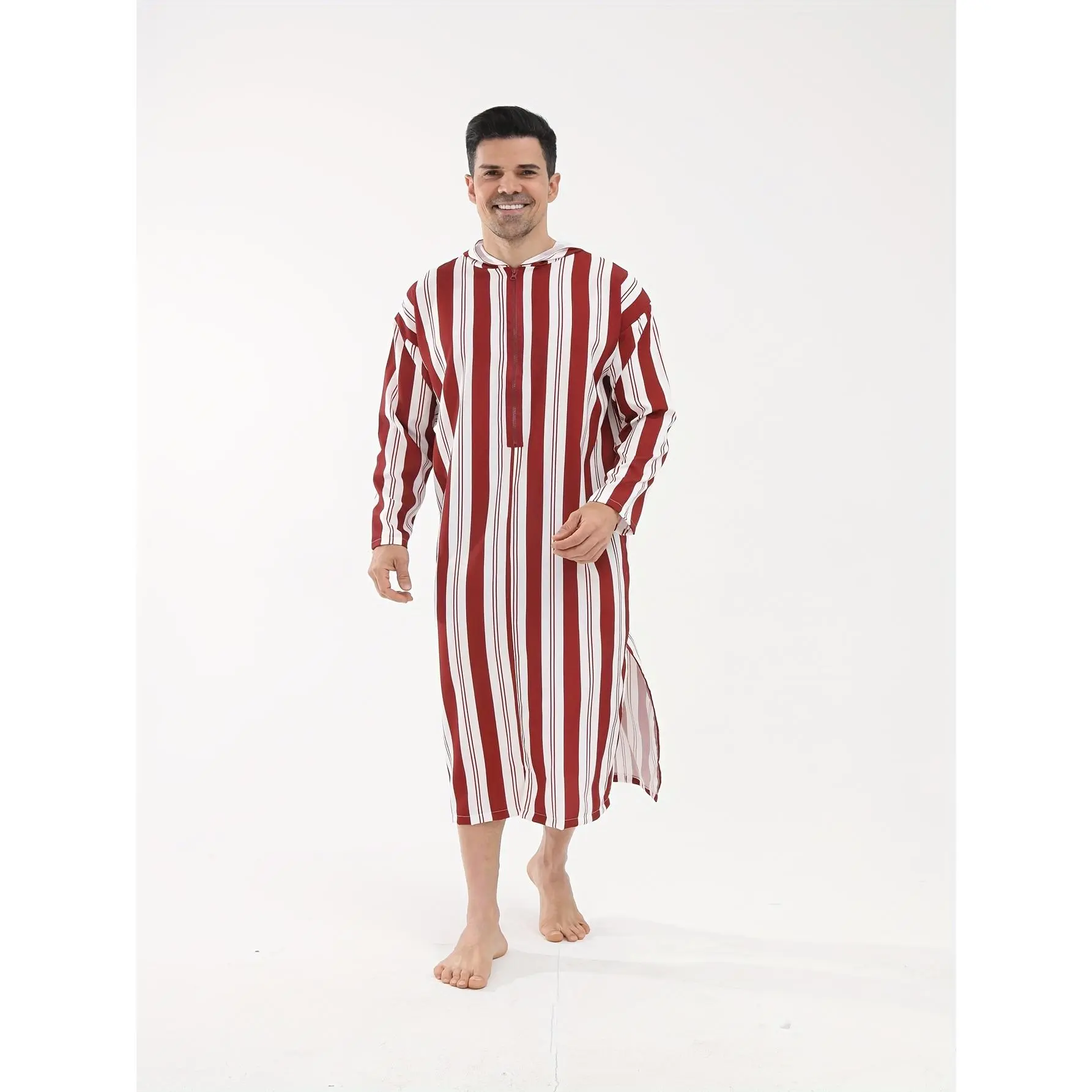 Men's Red and White Striped Hooded Longsleeve Sleeping Gown, Casual Loose-Fit Menswear Nightwear Loungewear with Zipper, All-Season Comfortable Robe