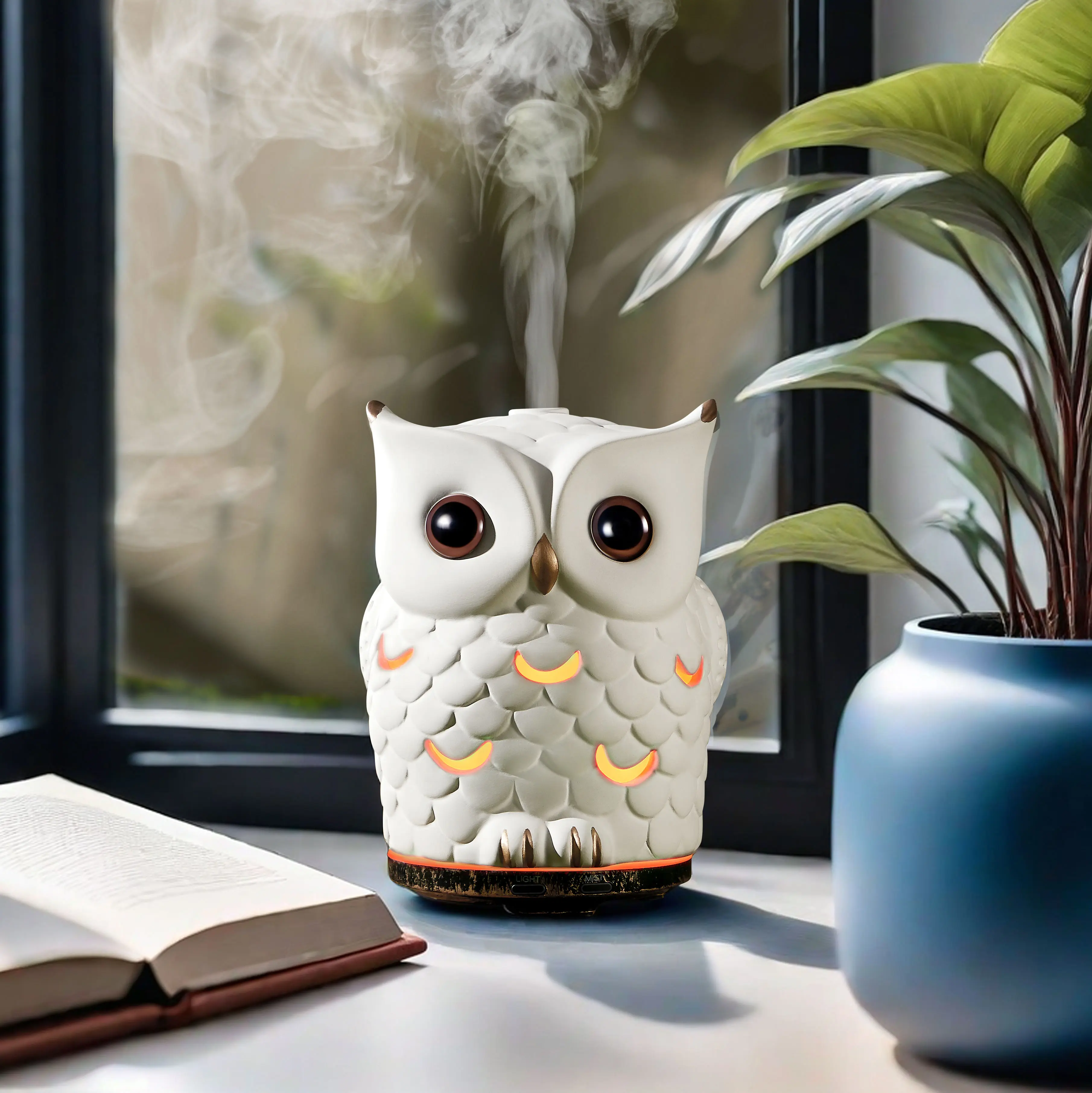Owl Ceramic Diffuser 200ML - Quiet Ultrasonic Essential Oil Diffuser and Cool Mist Humidifier with 7 Color LED Night Light, BPA-Free, Waterless Auto-Off, Small Diffusers for Kids Bedroom Nursery