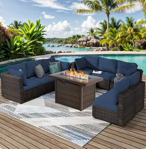 Grezone 9 Pieces Navy Patio Furniture Set with 44" Fire Pit Table,Outdoor Sectional Sofa PE Rattan Conversation Sets for Garden Lawn Balcony,Oversized Cushions,Natural Color Rattan