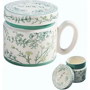 12.9oz Ceramic Coffee Mug with Lid,Flower Patterned Porcelain Mug,Ceramic  Cup Coffee Latte Mug for Office and ,Green,