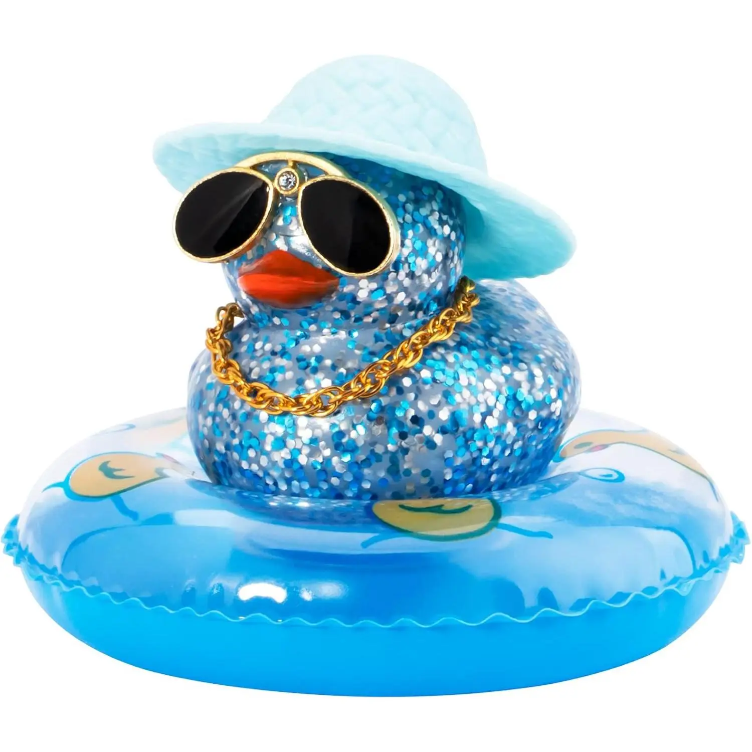 Car Duck Ornament Dashboard Decorations Rubber Duck Car for Car Dashboard Accessories with Swim Ring Sunglasses Hat and Necklace, B_Blue&Blue