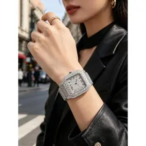 All-Silver Full Iced-Out Square Watch| Roman Numerals Starry Dial, Luxurious All-Over Sparkle