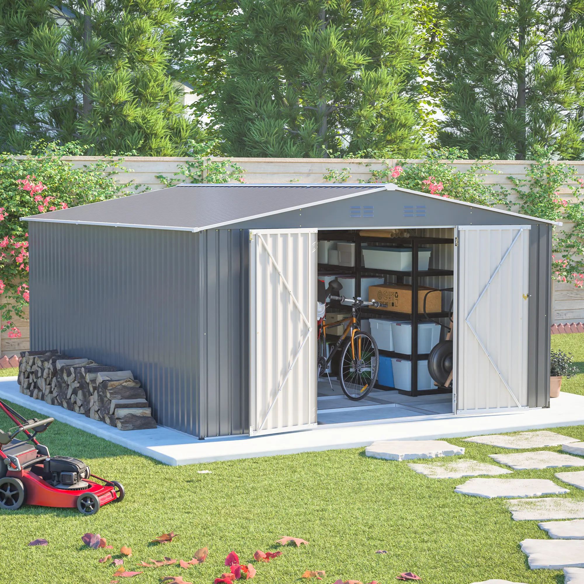 Outdoor Storage Shed, 12x14 ft Metal Garden Shed with Lockable Double Doors – Waterproof Yard Building for Tools, Patio & Backyard
