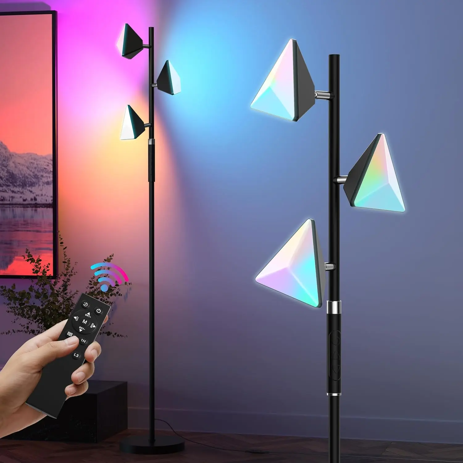 RGB Tree Floor Lamp for Living Room, Stepless Dimmable Tall Standing Lamp with Remote, Touch Control and 3 Rotatable Light, Bright LED Lights for Bedroom with 4 Color-Changing, Black