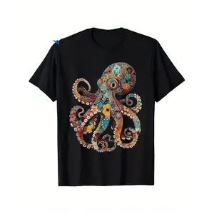 Men's Cotton T-Shirt Octopus Floral Vintage Flowers Squid Kraken Scuba Diving T-Shirt
