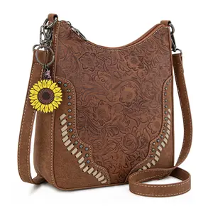 MONTANA WEST Embossed Floral Crossbody Bag for Women Fall Purses with Sunflower Charm & Antique Silver Studs Boston Bag