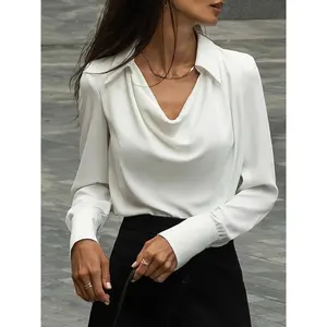 Long Sleeve Solid Color Polyester Cowl Neck Blouse - Elegant Women's Office & Casual Wear Shirts Top Womenswear Comfort Spring Fitted