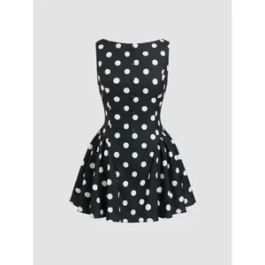 Cider Boat Neck Knotted Polka Dot Backless Mini Dress Dealsforyou