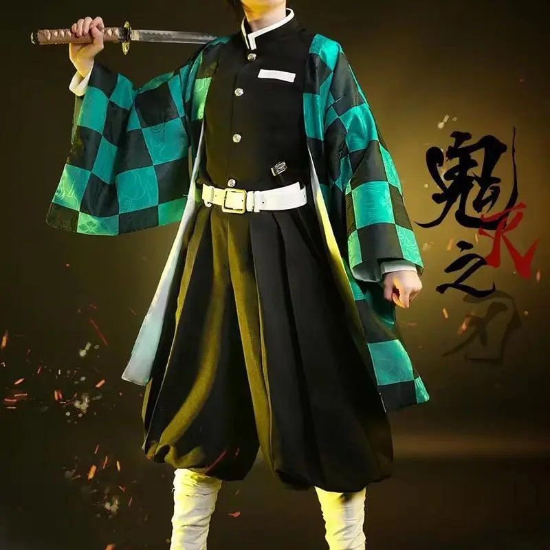 Tanjiro Kamado Complete Cosplay Costume for Adults & Kids, Non-Woven Polyester Checkered Kimono Set for Halloween with Wig & Mask, S, Smooth, Clothes, Cape, Comfortable Fit, High-Quality Material