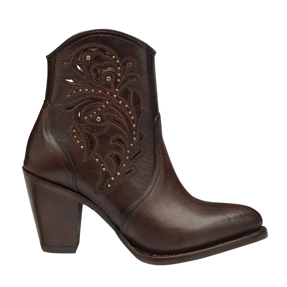 RIO GRANDE Urban Ankle Boot For Women Sienna Brown Leather with Embroidery and Studs Urban Design Ankle Boot Style Sienna Color Elegant Boots Stylish
