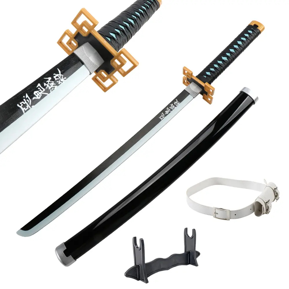 ELERVINO 31-in Bamboo Wooden Demon Slayer Tokitou Muichirou Fantasy Sword, Anime Authentic Prop with White Belt, Holder Stand Display, Hilt Handle for Cosplayer Collectibles, Halloween Gift