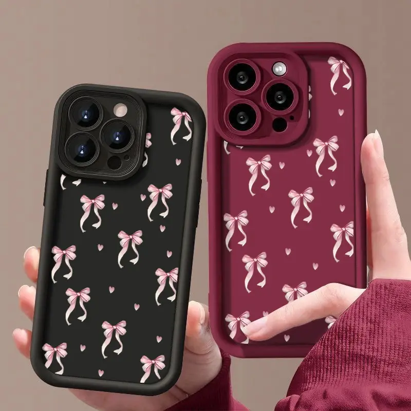 Pink Bow Printed Shockproof Soft Silicone TPU Smartphone Casing with Screen Protector for iPhone 17Air,17,16,15 Pro Max,16e,14 Plus,13,12,11 Pro Max,7,8,XR,X,XS - Handheld Devices Accessories, Cellphone Accessory