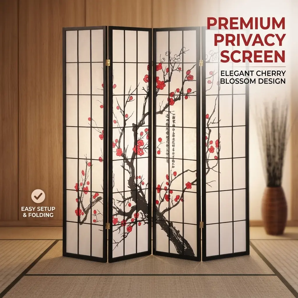 littleox Black Japanese 4-Panel Screen Room Divider, Plum Blossom