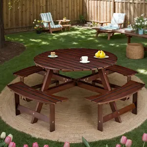 Eyisean 4/8 Picnic Table, Outdoor Wood Round Picnic Table with 3 Built-in Benches, Umbrella Hole, Outside Table and Bench Set for Patio, Backyard, 500lbs Capacity Per Bench