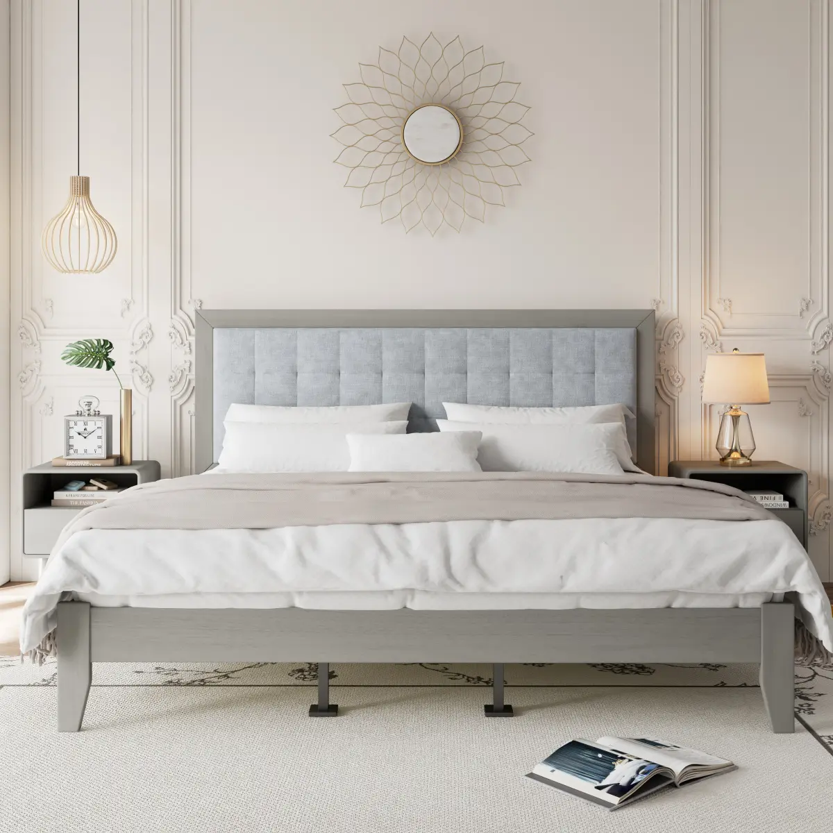 Mid-Century California King Upholstered Bed Frame - Rubberwood Platform Bed with Tufted Fabric Headboard, 800 lbs Weight Capacity, High-Density Silent Slats, Natural Wood Finish, Assembly Required for Modern Bedroom
