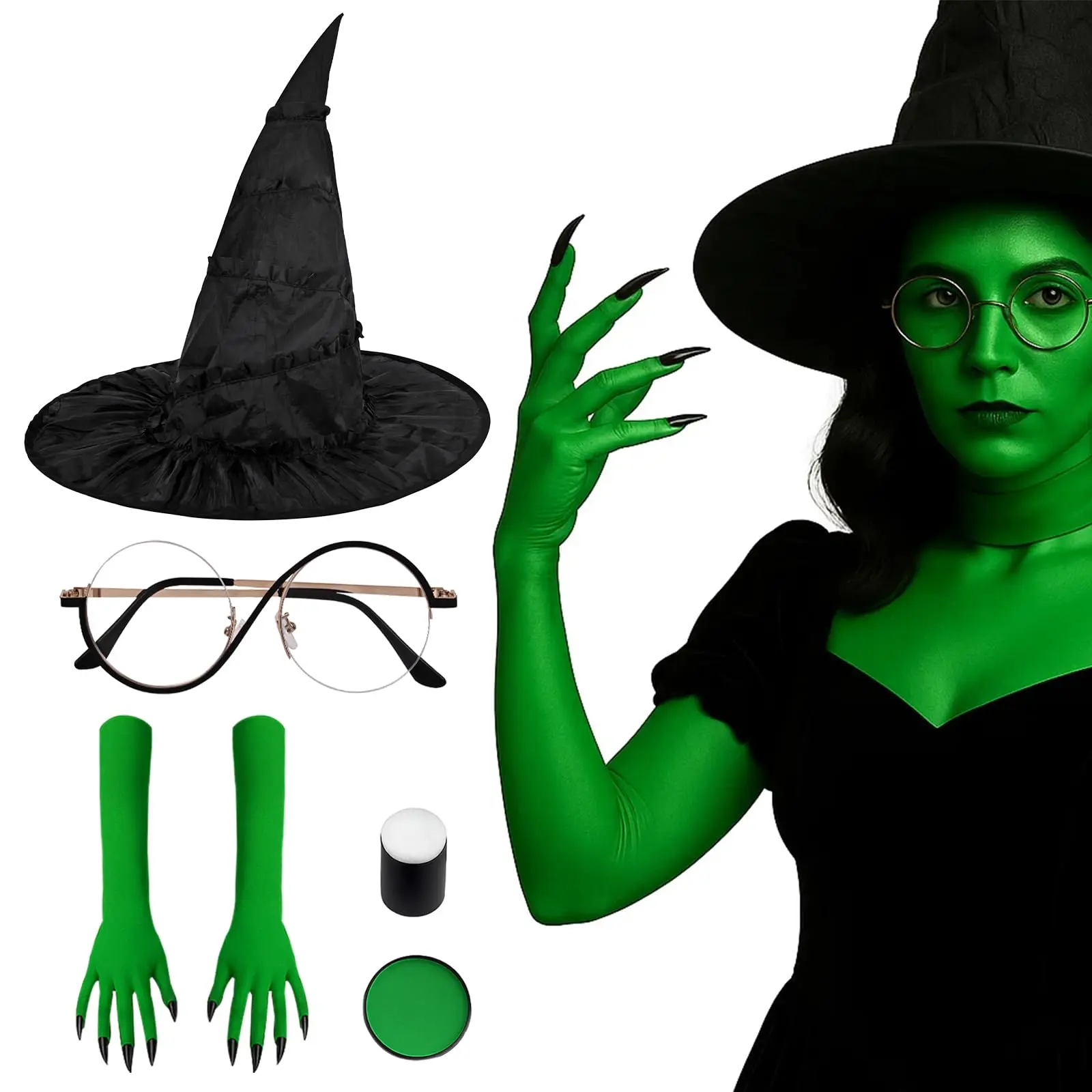 Women's 5PCS Halloween Witch Costume Set - Elphaba Cosplay Kit with Witch Hat, Green Gloves, Glasses, Face Paint & Accessories | Festive Party Cosplay Outfit, Clothes