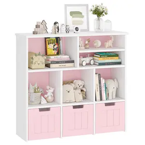 【GARVEE】Toy Storage Cabinet with 3 Movable Drawers and 6 Cubes, Children's Toy Shelf with Hidden Wheels, Bookcase and Organizer for Bedroom, Playroom, and Nursery