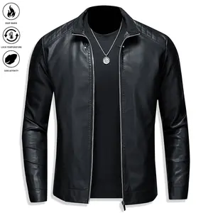 Men'S Slim-Fit Faux Leather Jacket - Black Casual Zip-Up Bomber with Lapel Collar, Long Sleeves, and Pockets for Autumn & Winter, Autumn Winter Jacket | Sleek Black Jacket | Polyester Lined Jacket