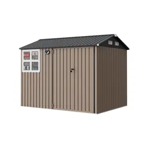8x6 FT Outdoor Storage Shed with Window and Solar LED Light Waterproof, Metal Garden Tool Shed with Lockable Door and Vented Sloped Roof for Backyard, Patio, Lawn