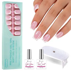 Pink Deep French Gel Nail Kit - Short Squre French Tip Press on Nails Kit with Nail Gel, Top Coat for Gift Home DIY