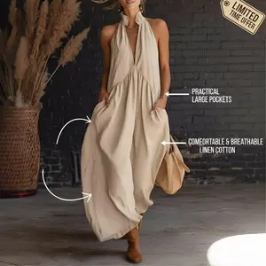 2026 Minimalist Halter Neck Maxi Dress for Women - Sleeveless, Plain, Summer Outfit with Pockets - BohoFashion, Casual, Linen Cotton, Basic Womenswear