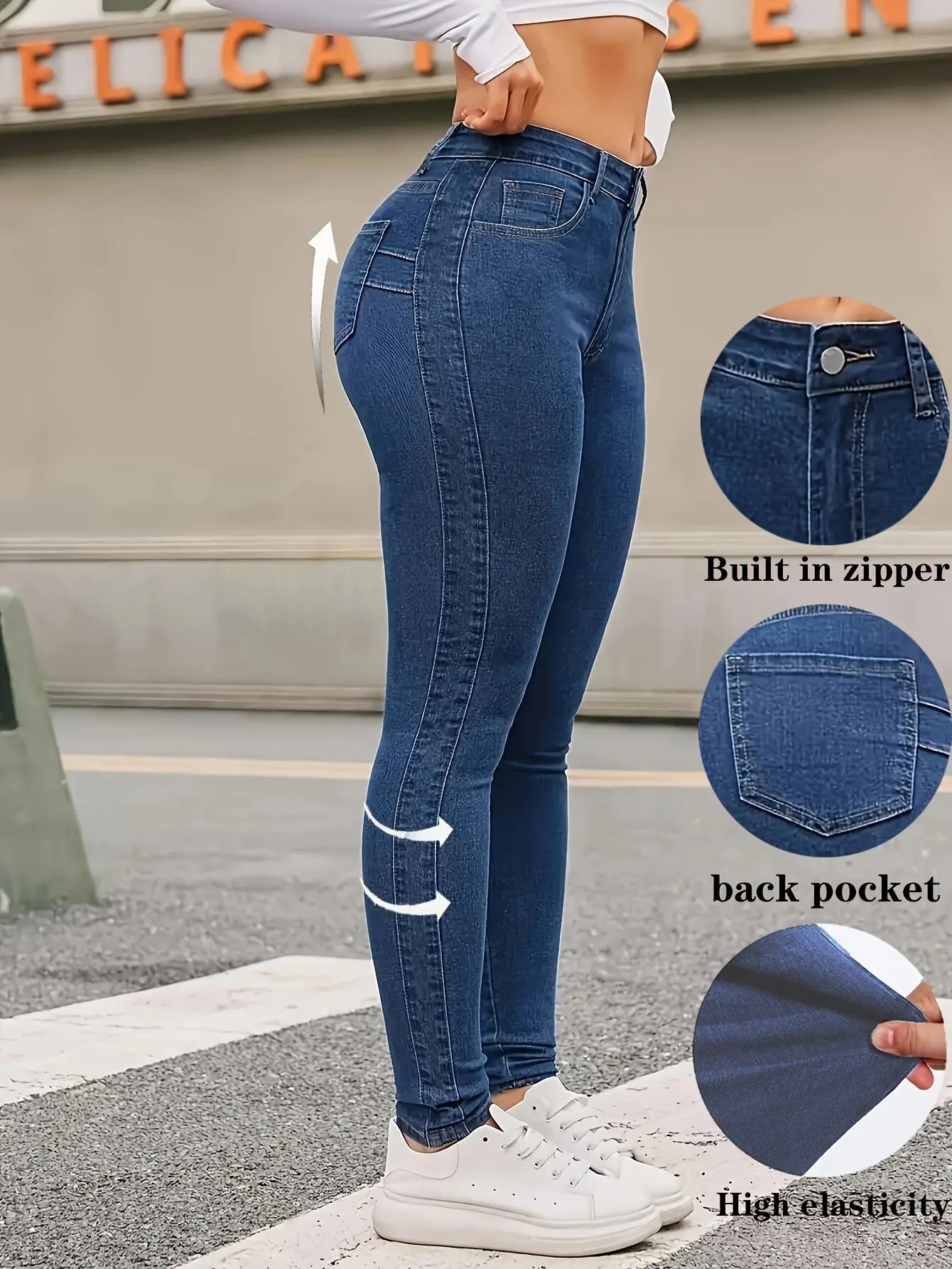 High Waist Solid Dark Blue High Stretch Ankle Skinny Slim Fit Lift Hip Denim Jeggings