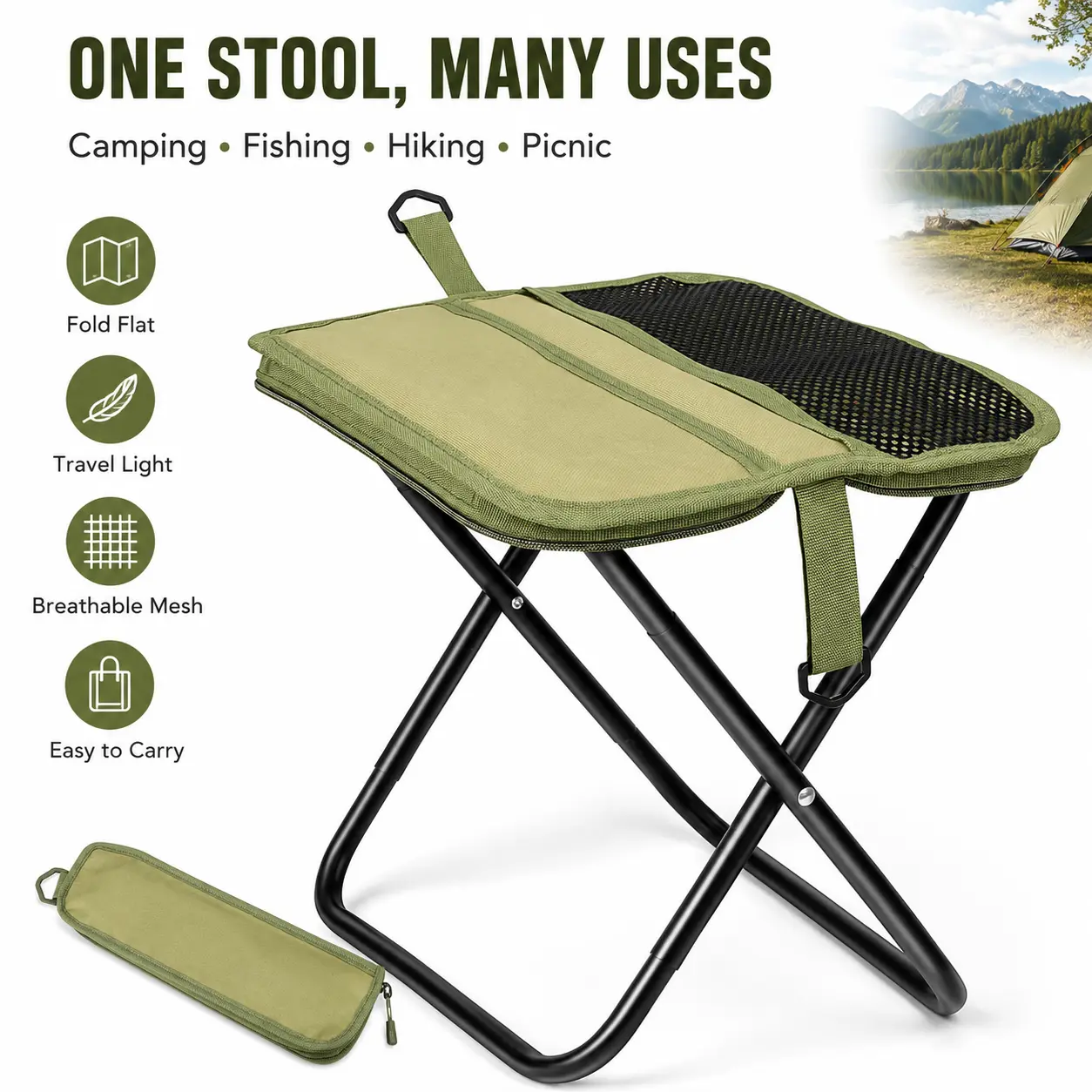 Lightweight Portable Folding Stool, Space-Saving Outdoor Seat for Camping, Backpacking, Fishing and Festivals