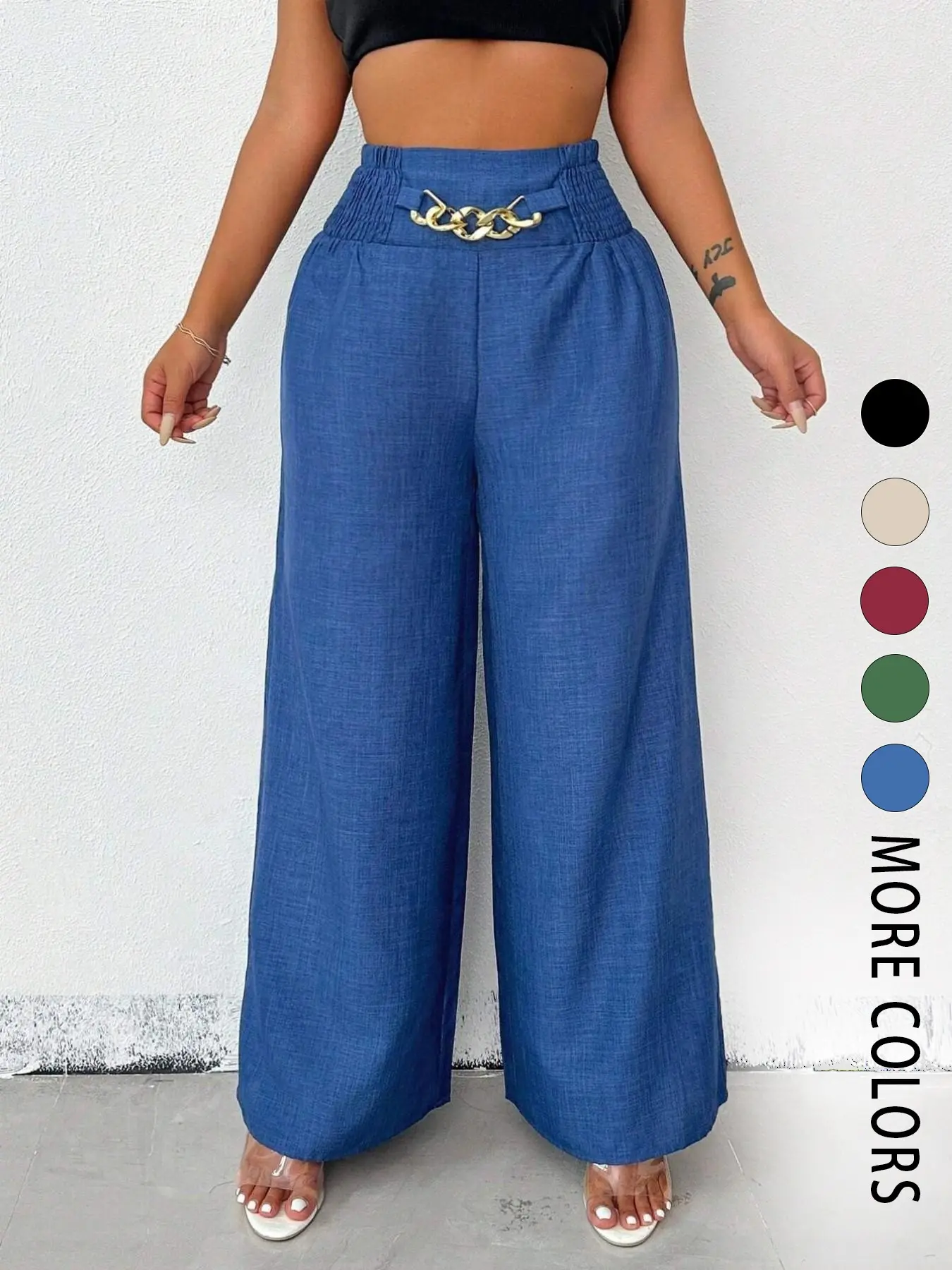 A pair of women's basic Casual Minimalist solid-color zipper-enclosed high-waisted stretchable loose-fitting slimming wide-leg bottom trousers that are versatile and suitable for all occasions Womenswear Pants