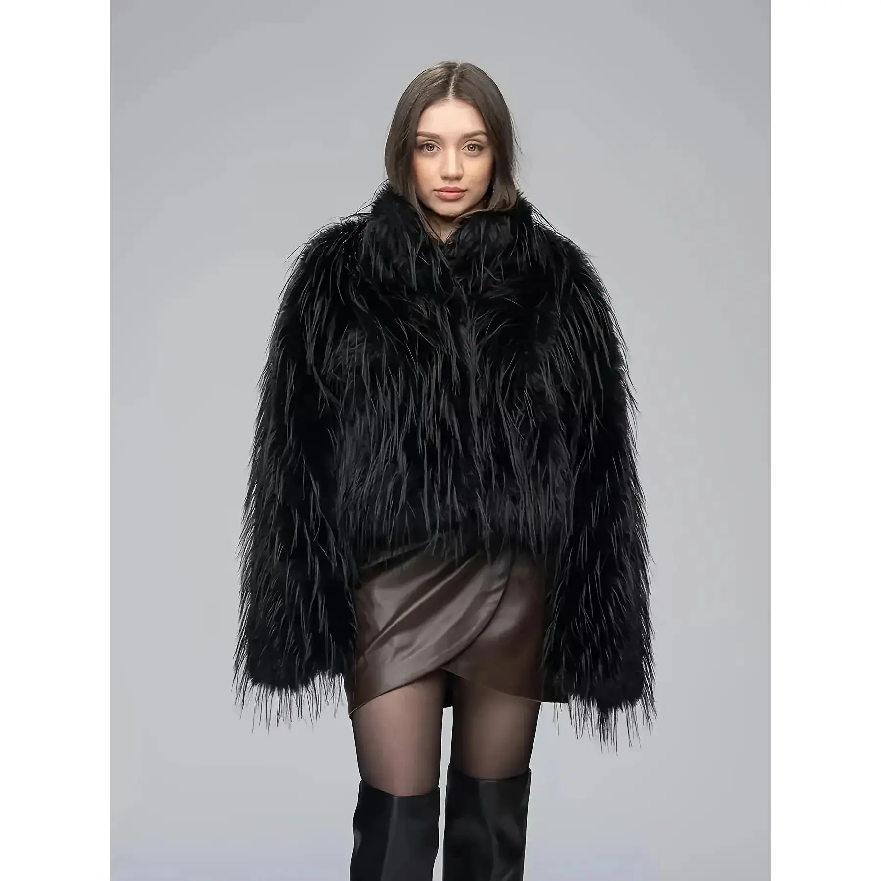 Women's Elegant Fitted Shaggy Long-Sleeve Coat - Luxurious