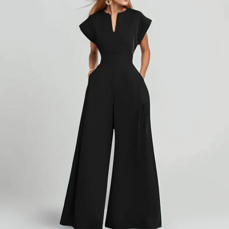 Women's V-Neck Short Sleeve Solid Black Wide-Leg Jumpsuit with Pockets - Business Wear, Below the Ankle, S/2XL/3XL, Elegant Outfit for Office or Wedding Guest, Casual, Fashion