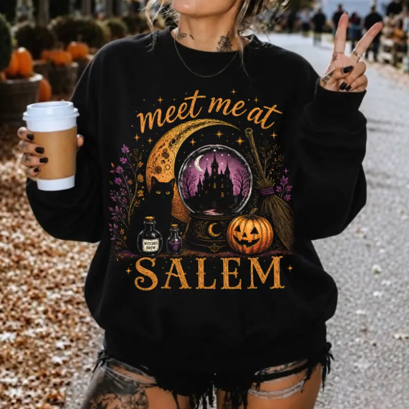 Vintage Salem Witch Halloween Sweatshirt, Haunted House Graphic Crewneck, Retro Spooky Season Pullover, Witchy Fall Sweatshirt, Cozy Halloween Gift, Cotton Top Womenswear