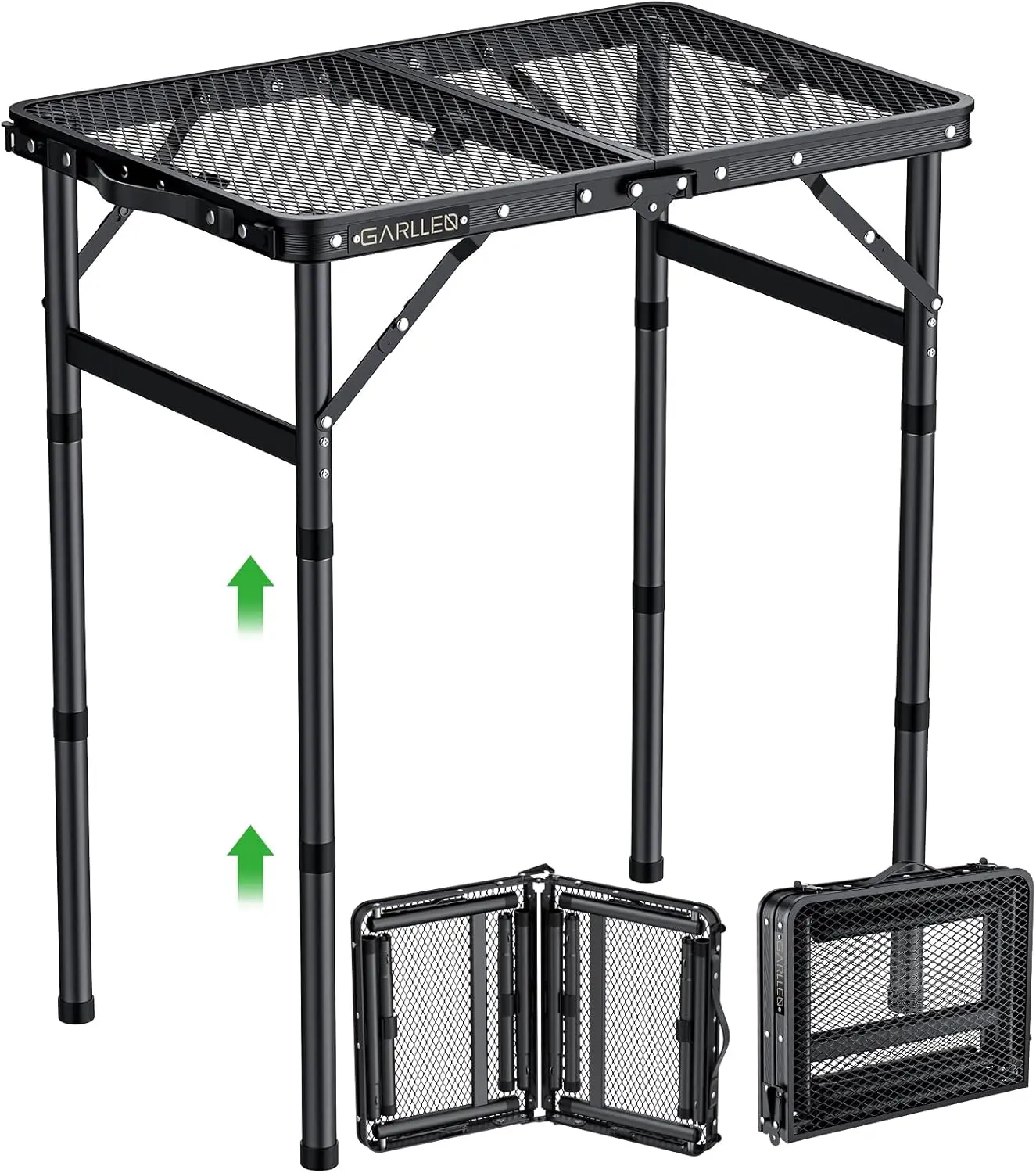 GARLLEN 2ft Folding Grill Table Max Capacity 66lbs, 3-Height Adjustable Folding Camping Table with Heat-Resistant Mesh Tabletop, Portable Aluminum Picnic Tables for BBQ, Outdoor, 22.8" L x 15.7" W