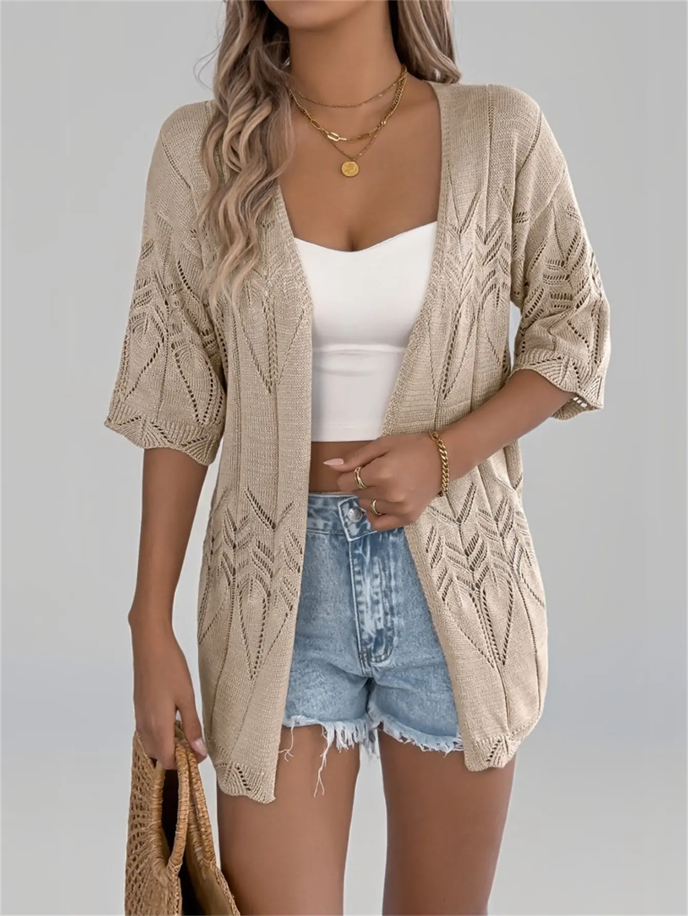 Women's Short-Sleeve Lacy Knit Cardigan, Casual Hollow-Out Crochet Cover Up, Lightweight Summer Beach Top, Style, Knitwear, Sheer, Outerwear, Cardigan For Women