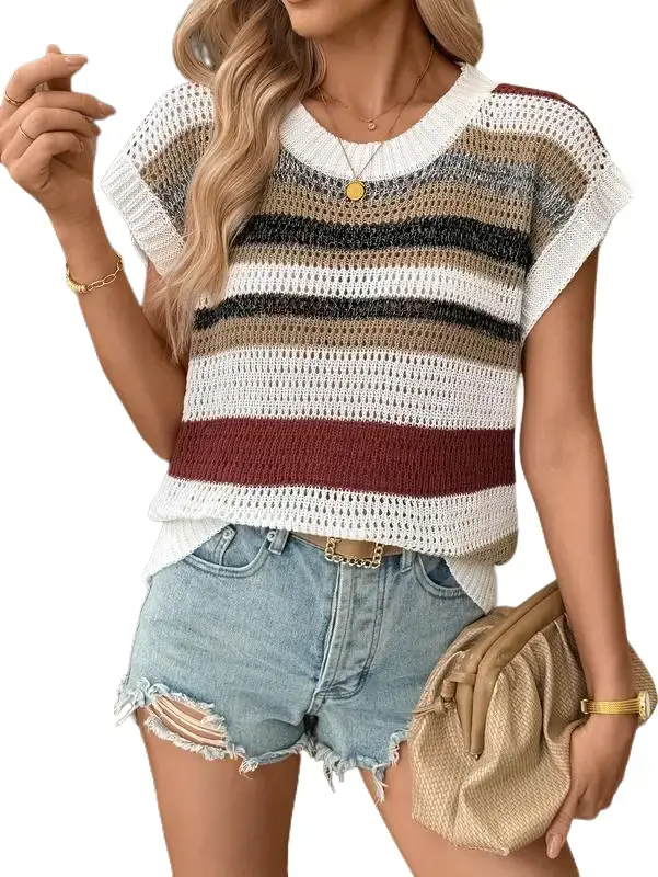 Cakulo Women's Short Striped Polyester Knit Cardigan - Chic, Color-Blocked Openwork, Round Neck, Bat-Sleeve, Soft Fitted, Fall-Ready, Everyday Casual Elegance Top