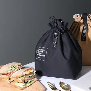 Simple Drawstring Insulated Lunch Bag Linen & Canvas Industrial Style Picnic Bento Box Drawstring Material Random