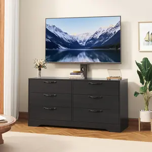 Garvee 47.2" Modern Entertainment Center TV Stand with Mount, 6-Drawer Rattan Dresser, Media Console Table with Storage for 32-85 Inch Screens, Suitable for Living Room and Bedroom, Available in Black and White