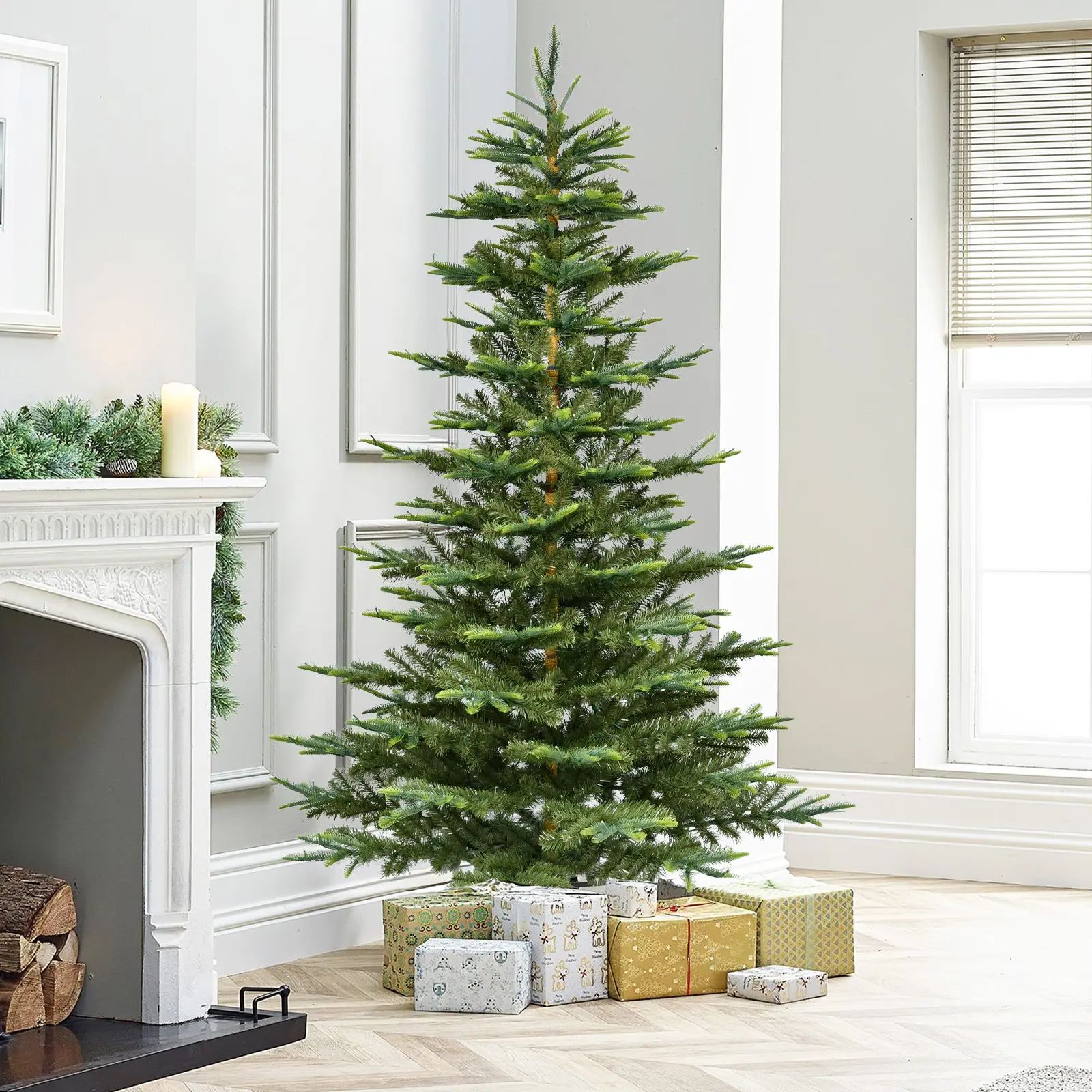 Pre-Lit Aspen Fir Artificial Christmas Tree - 5/6/7 FT Minimalist Modern LED Xmas Tree with Warm White Lights, Natural Layered Sparse Design, Hinged PE & PVC Branch Tips, Solid Indoor Festive Home Decoration