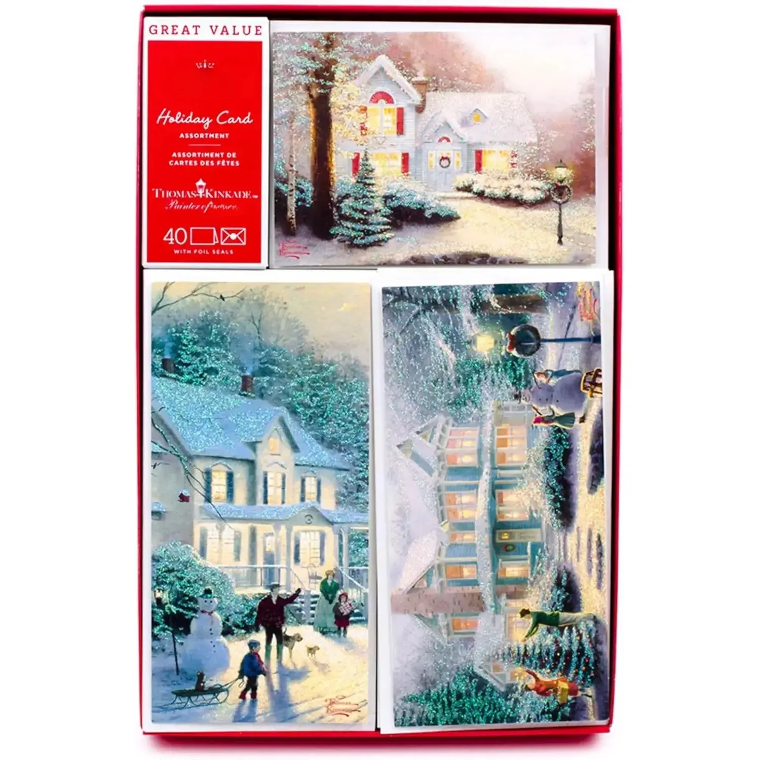 Thomas Kinkade Boxed Christmas Cards Assortment - Snowy Houses Design, Well-Managed Forests Paper Stock, 40 Cards with Envelopes + Foil Seals (1XPX1761)