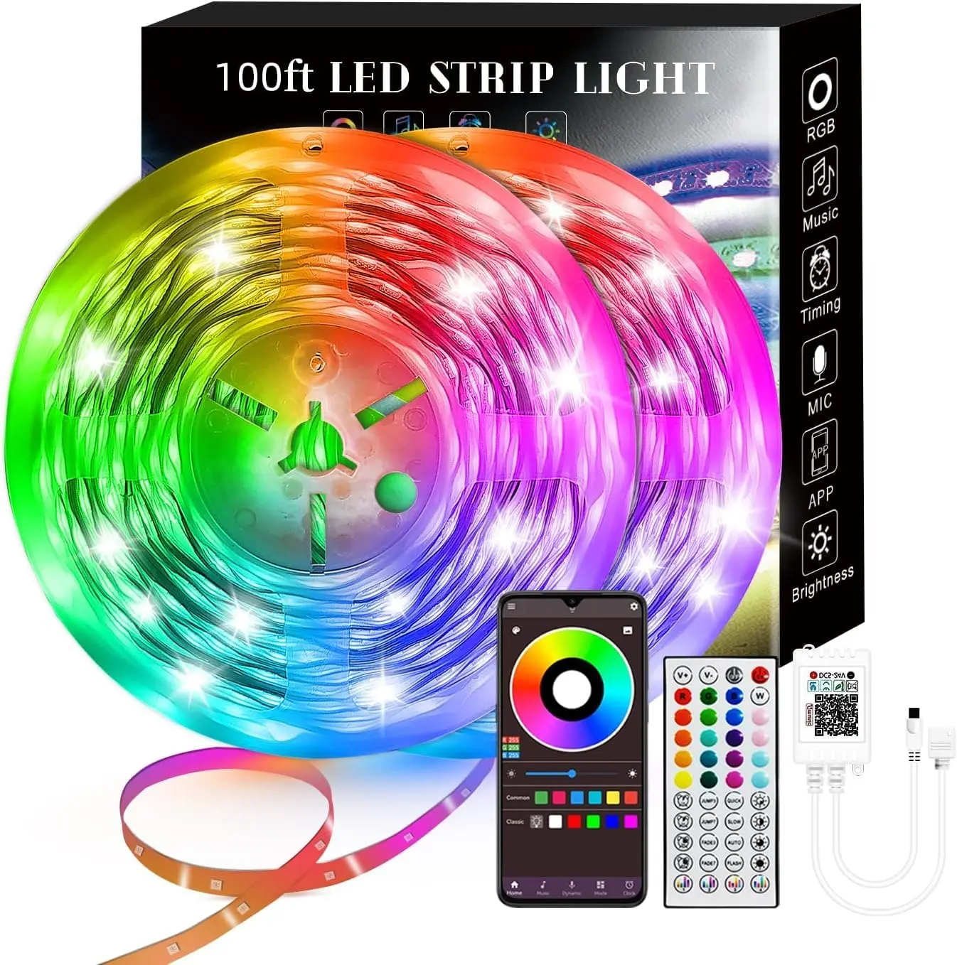 100FT Led Strip Lights RGB Music Sync for Bedroom ,more Creative Led Bluetooth Christmas Lights with Smart App and Remote Control Indoor Lighting, for room decorating party decor