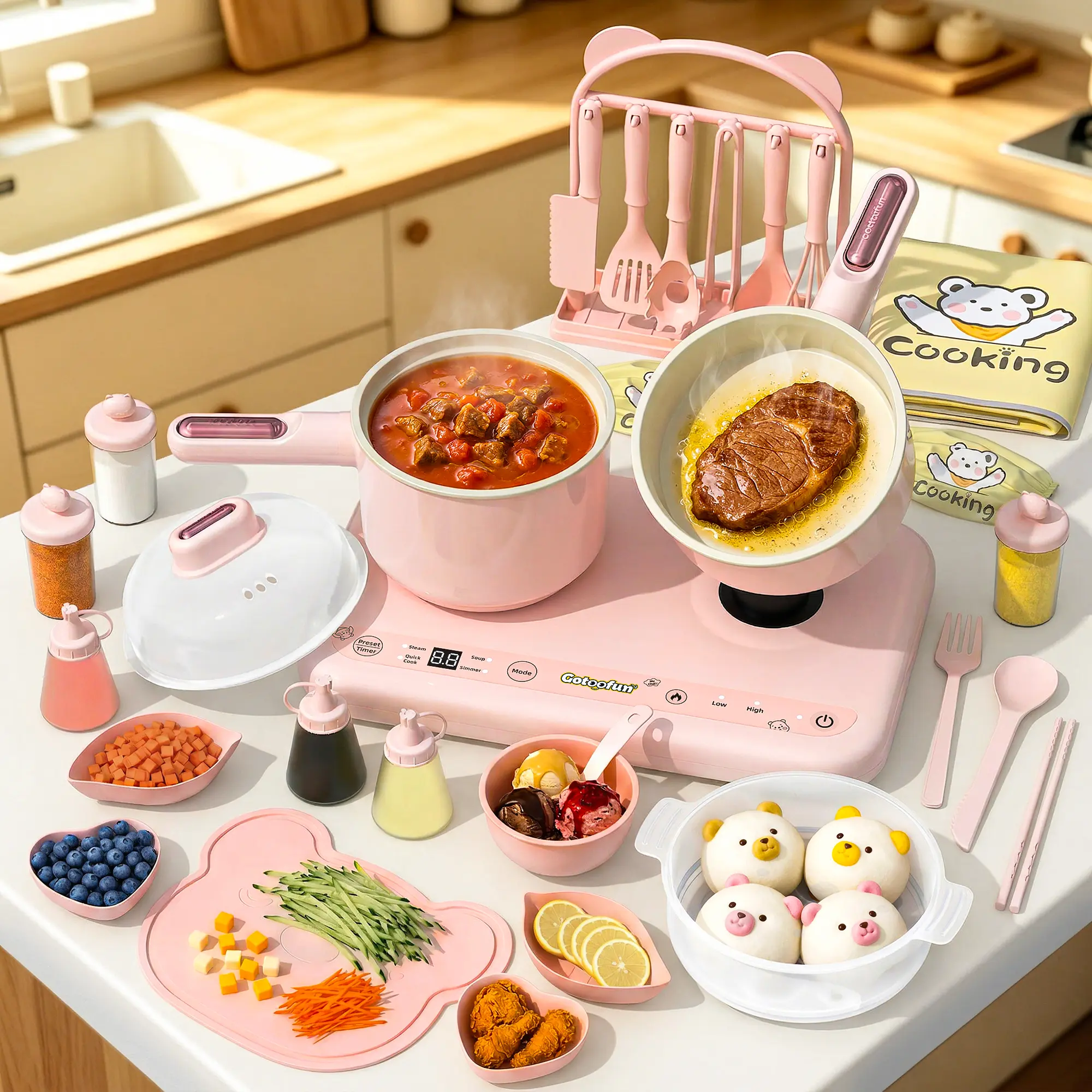 Gotoofun Pink Double Stove Kids Cooking Set | Safe Mini Kitchen for Boys & Girls 5–12 | Montessori Pretend Play Cooking Toy | Birthday & Summer Gift