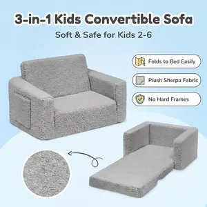 Kids Couch, 2-in-1 Toddler Chair Comfy 2-6 Years Old, Convertible Kids Chair, Toddler Couch Sofa, Kid Sofa to Lounge Bed for Boys and Girls Gifts, Kids Recliner, Grey cotton velvet fabric