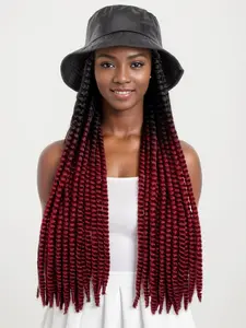Long Ombre Black Burgundy Synthetic Braids Havana Mambo Twist Braided Hair Extensions Cap Wig Spring Braiding With Bucket Hat Braided Wigs