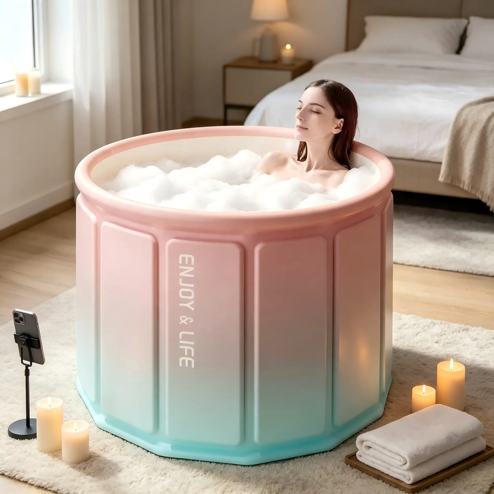 Foldable Soaking Bathtub for Small Bathrooms, Thick Reinforced Portable Adult Spa Tub, Heat-Retaining Space-Saving Collapsible Tub for Apartment Living
