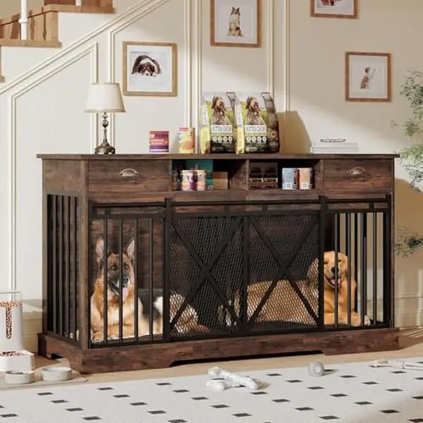 63" Extra-Large Brown Wooden Double Dog Crate Furniture - Removable Divider, Heavy-Duty Indoor Enclosure with Double Door, 2 Storage Drawers, Open Shelves, for Living Room, Bedroom, Home Office Console (Wooden Crates)